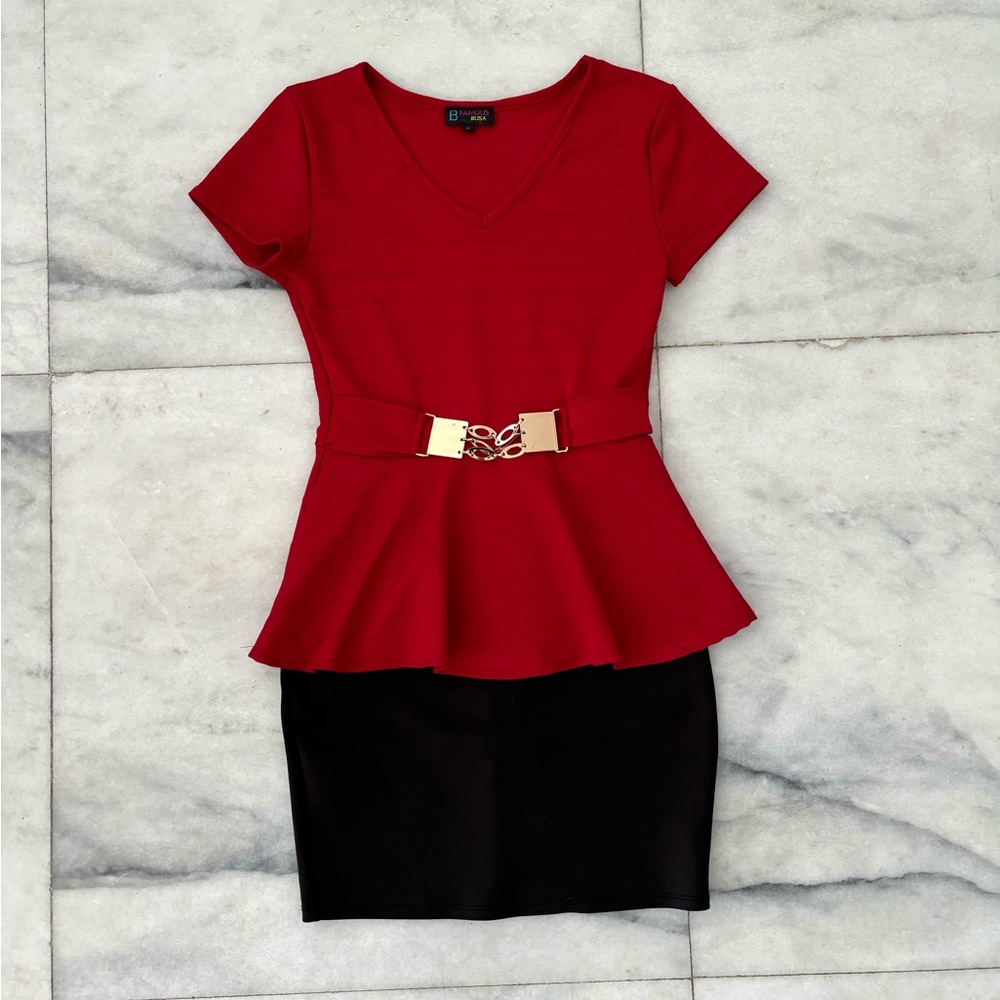 90s VTG B Famous Peplum Dress Belted Red Black V Neck Womens M Office Retro USA